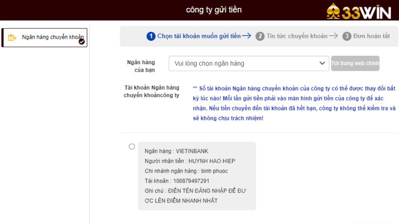 Hướng dẫn thành viên tiến hành giao dịch chuyển tiền đến 33WIN