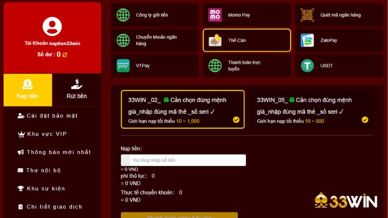 4 Bước nạp tiền bằng thẻ cào tại 33win